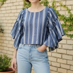 Hollister Blue and White Striped Ruffle Sleeve Top